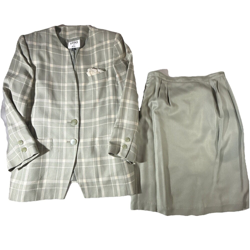 Vintage Kasper Skirt Suit Set Green Plaid Jacket Green Solid Pencil Skirt Sz. 14